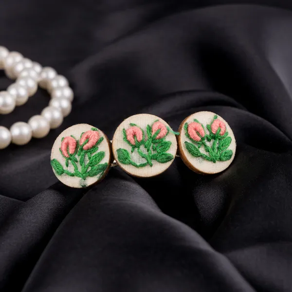 Peach_Cotton_Embroidered_Rose_Buds_Branch_Triple_Round_Hair_Barrette_For_Women