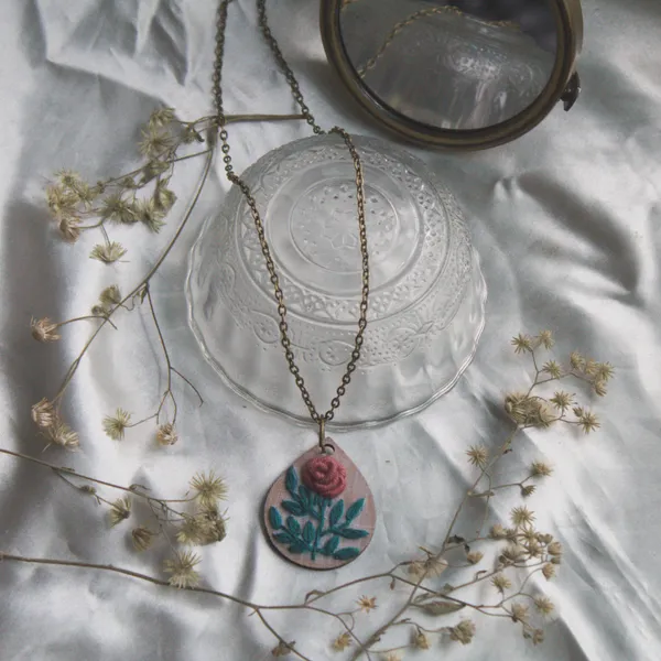 Mauve_Cotton_Embroidered_Rose_Branch_Drop_Pendant_Necklace_For_Women