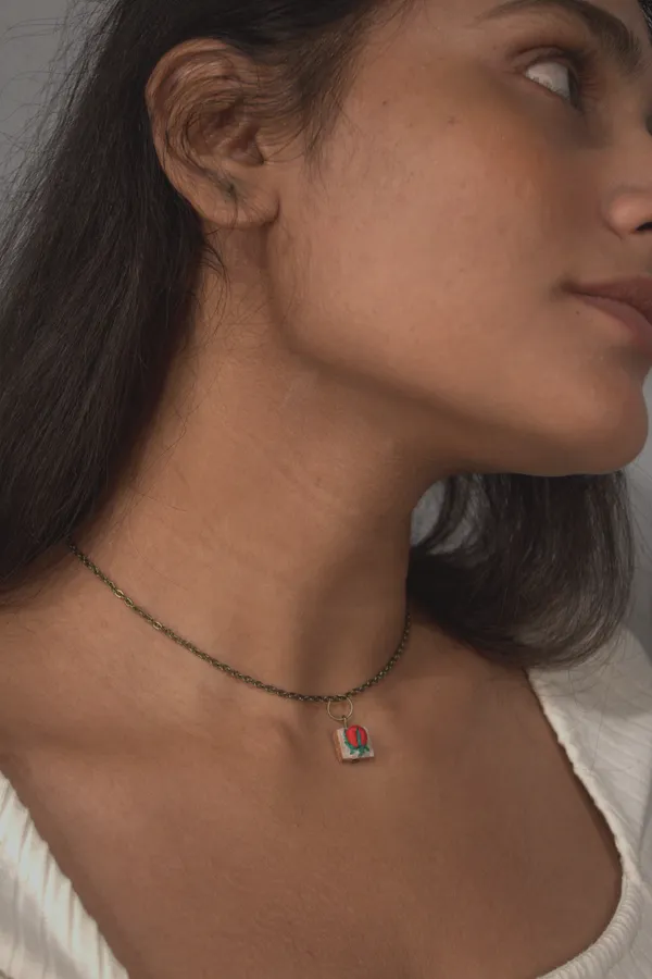 Red_Cotton_Embroidered_Rose_Bud_Square_Pendant_Necklace_For_Women