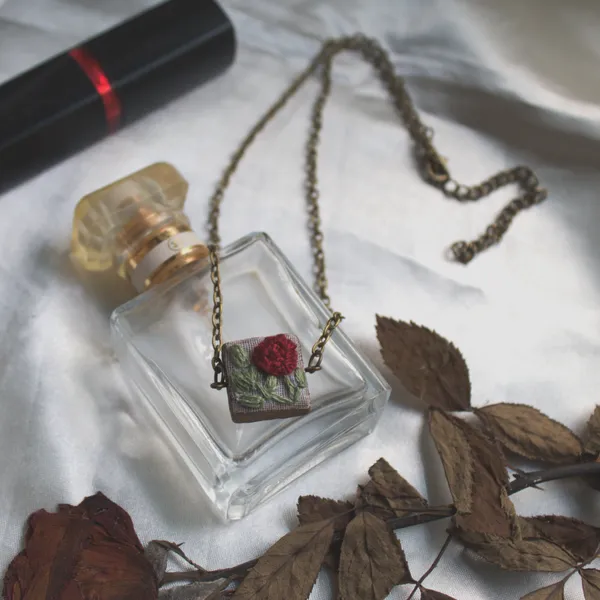 Maroon_Cotton_Embroidered_Rose_Branch_Square_Pendant_Necklace_For_Women