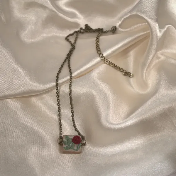 Maroon_Cotton_Embroidered_Rose_Branch_Square_Pendant_Necklace_For_Women
