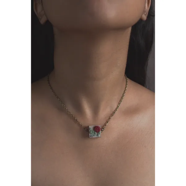 Maroon_Cotton_Embroidered_Rose_Branch_Square_Pendant_Necklace_For_Women