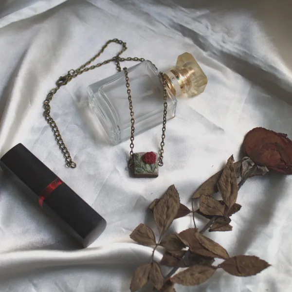 Maroon_Cotton_Embroidered_Rose_Branch_Square_Pendant_Necklace_For_Women
