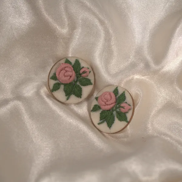 Peach_Cotton_Embroidered_Rose_Branch_Round_Stud_Earrings_For_Women