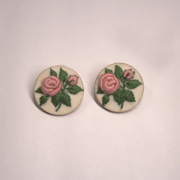 Peach_Cotton_Embroidered_Rose_Branch_Round_Stud_Earrings_For_Women