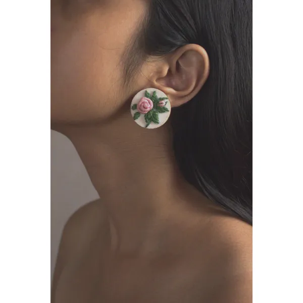 Peach_Cotton_Embroidered_Rose_Branch_Round_Stud_Earrings_For_Women