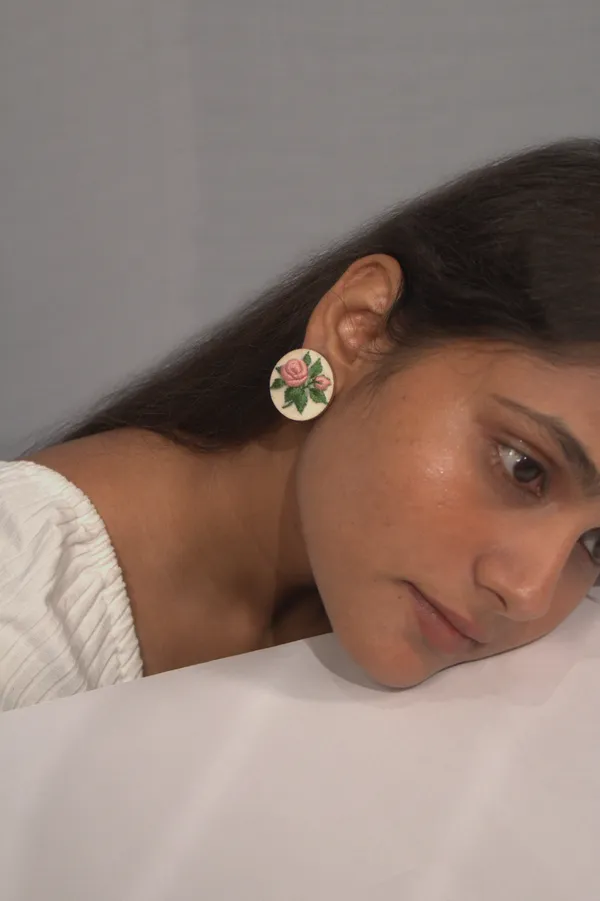 Peach_Cotton_Embroidered_Rose_Branch_Round_Stud_Earrings_For_Women