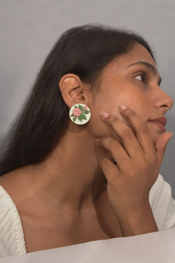 Peach_Cotton_Embroidered_Rose_Branch_Round_Stud_Earrings_For_Women
