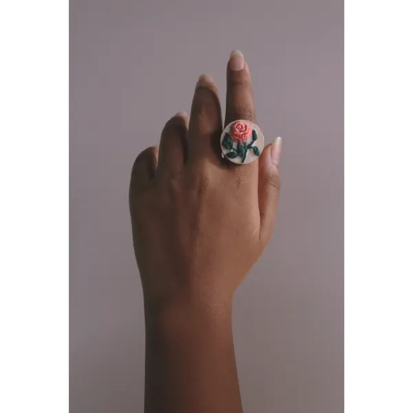 Peach_Cotton_Embroidered_Rose_Branch_Round_Adjustable_Ring_For_Women