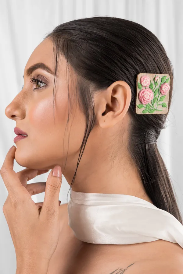 Light_Pink_Cotton_Embroidered_Gradient_Rose_Branch_Alligator_Hair_Clip_For_Women