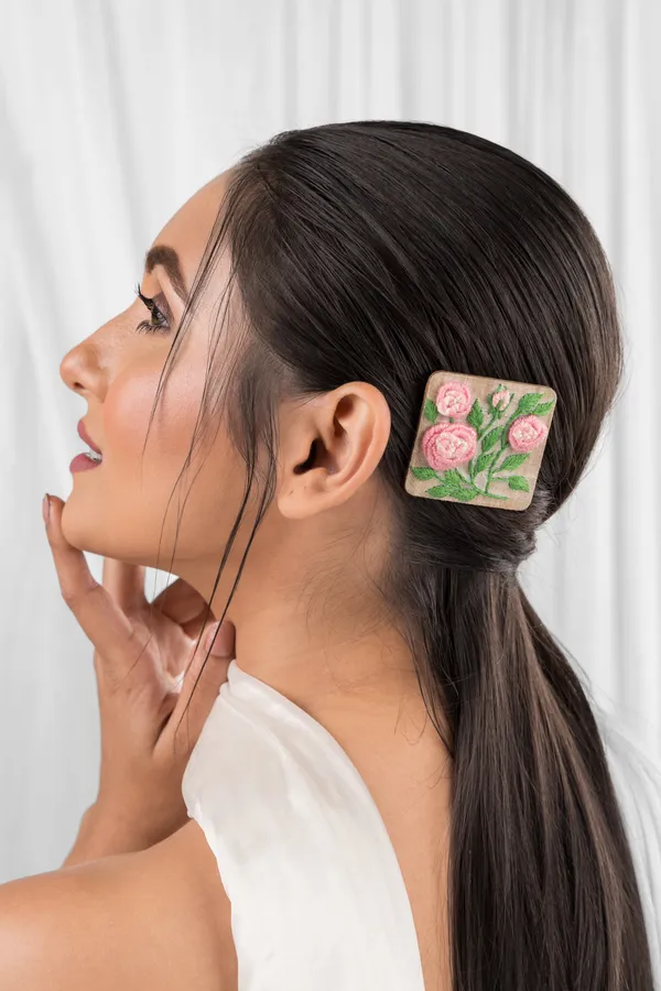 Light_Pink_Cotton_Embroidered_Gradient_Rose_Branch_Alligator_Hair_Clip_For_Women