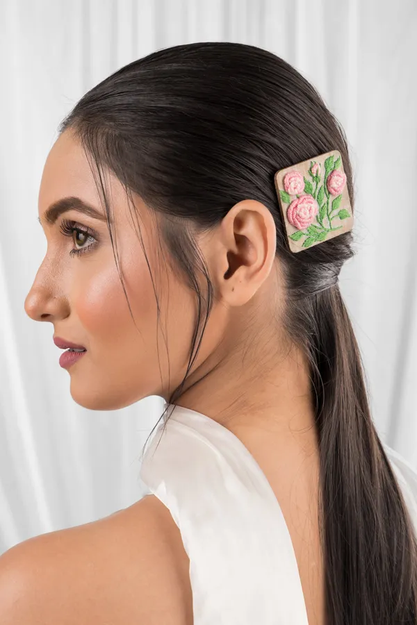 Light_Pink_Cotton_Embroidered_Gradient_Rose_Branch_Alligator_Hair_Clip_For_Women