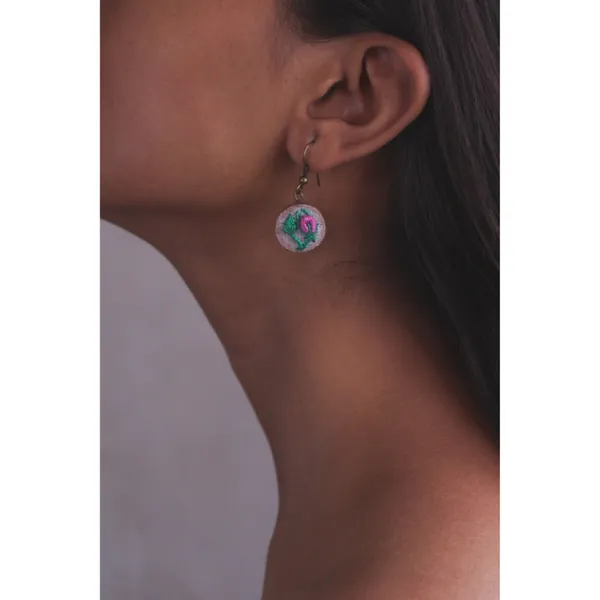 Pink_Cotton_Embroidered_Rose_Bud_Branch_Round_Earrings_For_Women