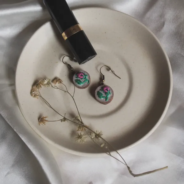 Pink_Cotton_Embroidered_Rose_Bud_Branch_Round_Earrings_For_Women