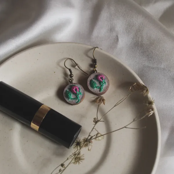 Pink_Cotton_Embroidered_Rose_Bud_Branch_Round_Earrings_For_Women