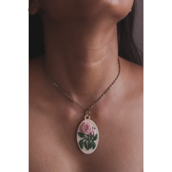 Peach_Cotton_Embroidered_Rose_Branch_Oval_Pendant_Necklace_For_Women