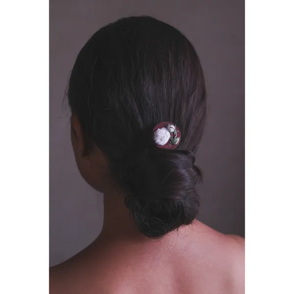White_Cotton_Embroidered_Rose_Branch_Round_U_Shaped_Hair_Pin_For_Women