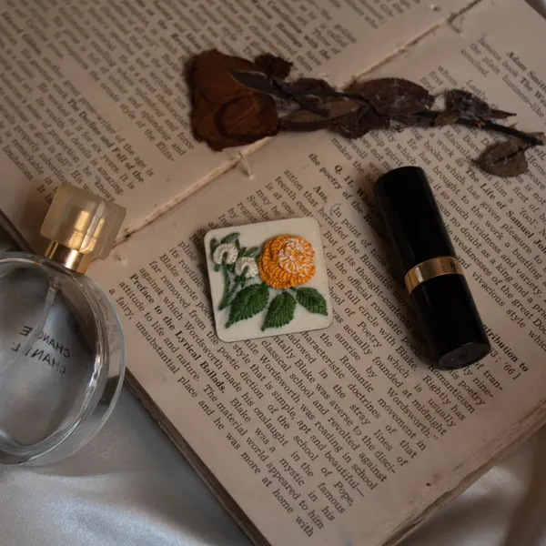 Yellow_Cotton_Embroidered_Rose_Branch_Square_Brooch_Pin_For_Women