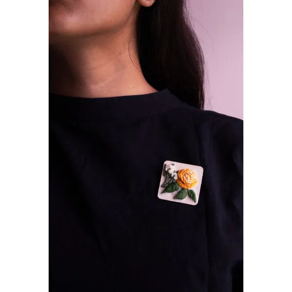 Yellow_Cotton_Embroidered_Rose_Branch_Square_Brooch_Pin_For_Women