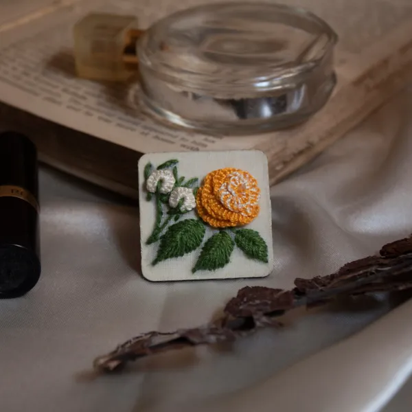 Yellow_Cotton_Embroidered_Rose_Branch_Square_Brooch_Pin_For_Women