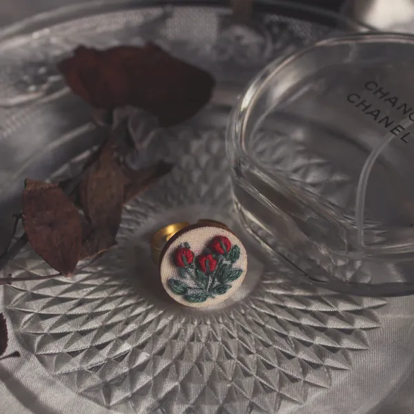 Dark_Red_Cotton_Embroidered_Rose_Buds_Round_Adjustable_Ring_For_Women