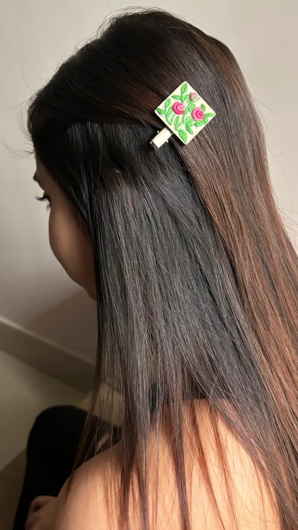 Pink_Cotton_Embroidered_Gradient_Rose_Branch_Square_Alligator_Hair_Clip_For_Women