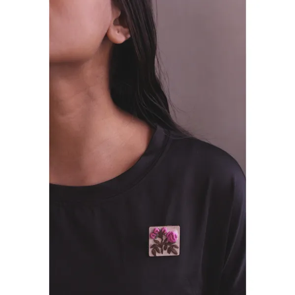 Magenta_Cotton_Embroidered_Rose_Buds_Square_Brooch_Pin_For_Women