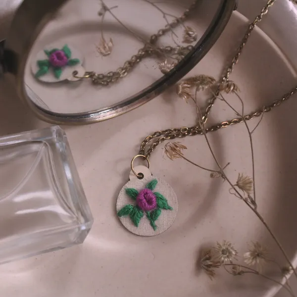 Purple_Cotton_Embroidered_Rose_Branch_Circular_Pendant_Necklace_For_Women