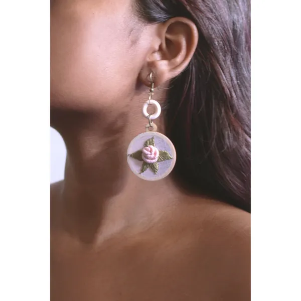 Peach_Cotton_Embroidered_Rose_Round_Hollow_Earrings_For_Women