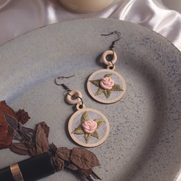 Peach_Cotton_Embroidered_Rose_Round_Hollow_Earrings_For_Women