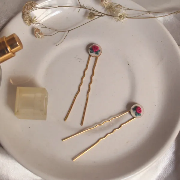 Deep_Pink_Cotton_Embroidered_Rose_Tiny_Round_Hair_Pins_Set_For_Women