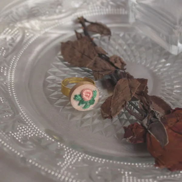 Peach_Cotton_Embroidered_Rose_Branch_Round_Adjustable_Ring_For_Women