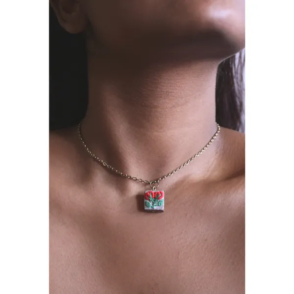 Red_Cotton_Embroidered_Double_Rose_Buds_Branch_Square_Pendant_Necklace_For_Women