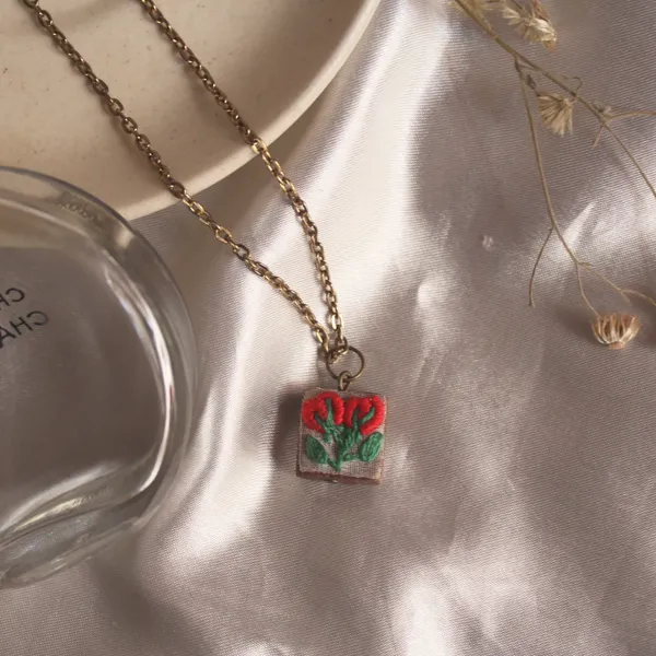 Red_Cotton_Embroidered_Double_Rose_Buds_Branch_Square_Pendant_Necklace_For_Women