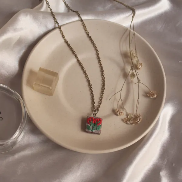 Red_Cotton_Embroidered_Double_Rose_Buds_Branch_Square_Pendant_Necklace_For_Women