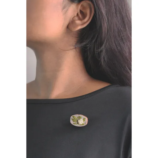 Cream_Cotton_Embroidered_Rose_Branch_Oval_Brooch_Pin_For_Women