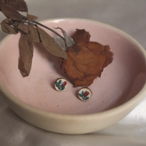 Red_Cotton_Embroidered_Rose_Bud_Tiny_Round_Stud_Earrings_For_Women