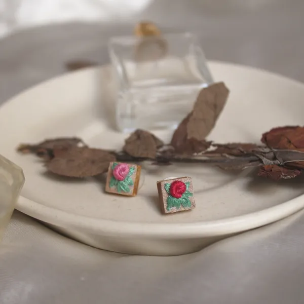 Pink_Cotton_Embroidered_Gradient_Rose_Branch_Tiny_Square_Stud_Earrings_For_Women