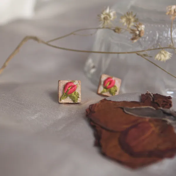 Peach_Cotton_Embroidered_Rose_Buds_Branch_Tiny_Square_Stud_Earrings_For_Women