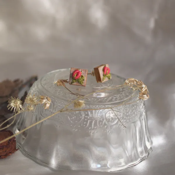 Peach_Cotton_Embroidered_Rose_Buds_Branch_Tiny_Square_Stud_Earrings_For_Women
