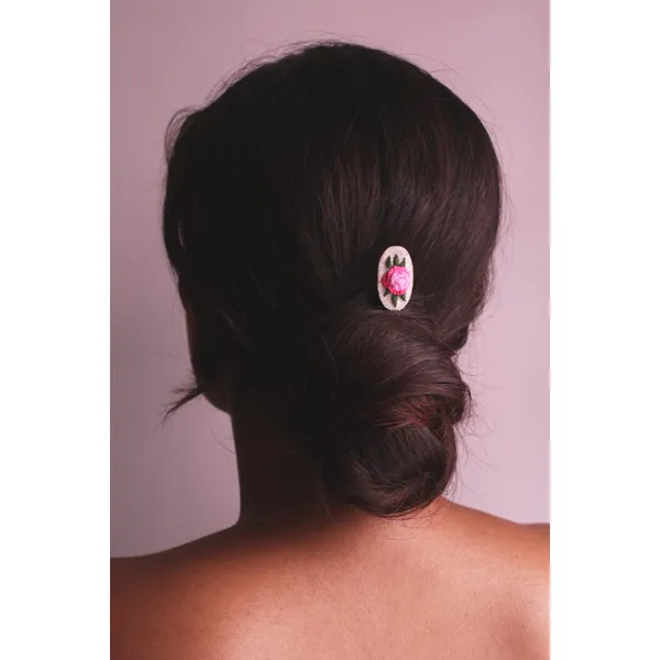 Pink_Cotton_Embroidered_Gradient_Rose_Oval_U_Shaped_Hair_Pin_For_Women