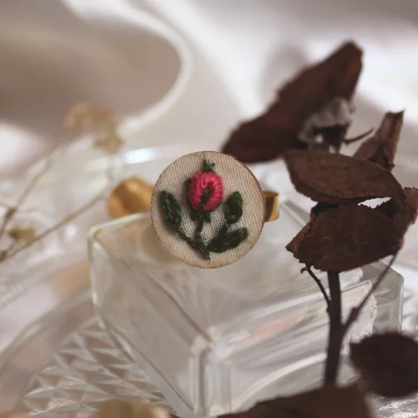 Pink_Cotton_Embroidered_Rose_Bud_Round_Adjustable_Ring_For_Women