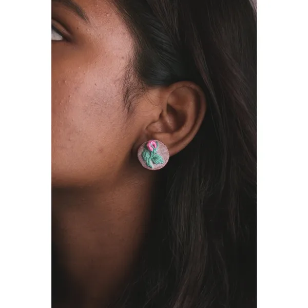Pink_Cotton_Embroidered_Gradient_Rose_Bud_Branch_Round_Stud_Earrings_For_Women