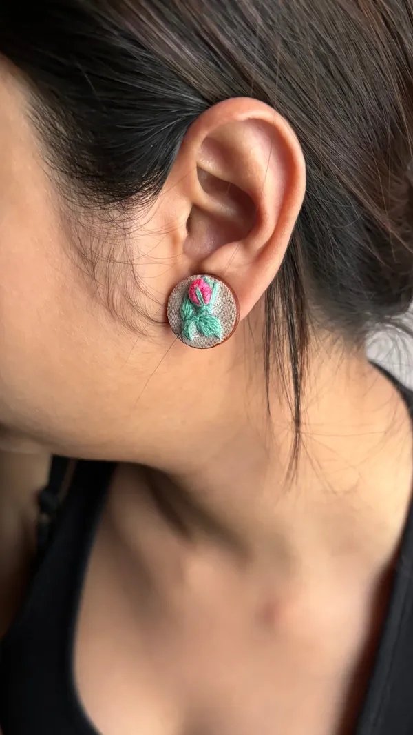 Pink_Cotton_Embroidered_Gradient_Rose_Bud_Branch_Round_Stud_Earrings_For_Women