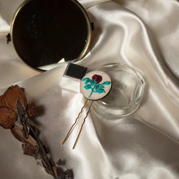 Maroon_Cotton_Embroidered_Rose_Bud_Branch_Round_Hair_Pin_For_Women