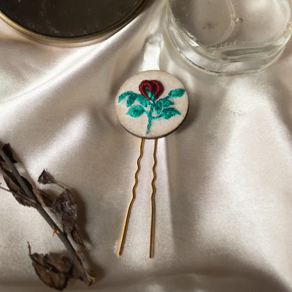 Maroon_Cotton_Embroidered_Rose_Bud_Branch_Round_Hair_Pin_For_Women