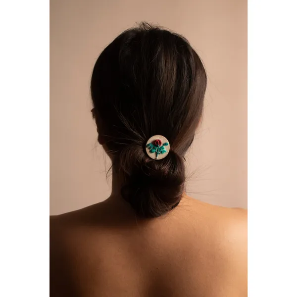 Maroon_Cotton_Embroidered_Rose_Bud_Branch_Round_Hair_Pin_For_Women