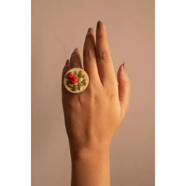 Bright_Red_Cotton_Embroidered_Rose_Branch_Round_Adjustable_Ring_For_Women