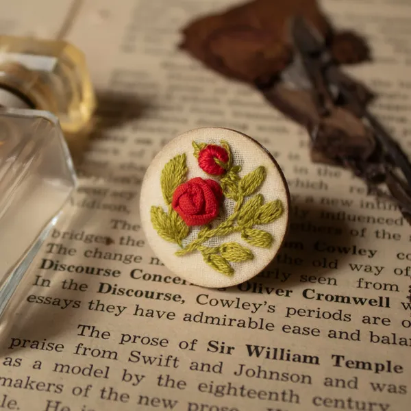Bright_Red_Cotton_Embroidered_Rose_Branch_Round_Adjustable_Ring_For_Women