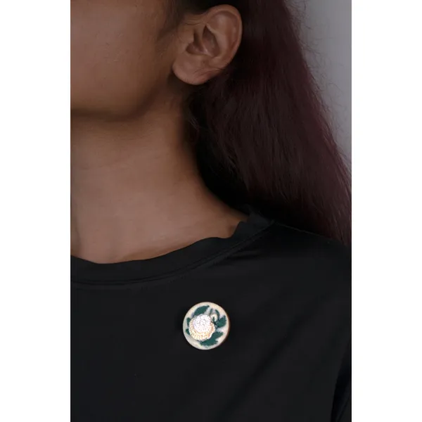 Off_White_Cotton_Embroidered_Rose_Branch_Round_Brooch_Pin_For_Women